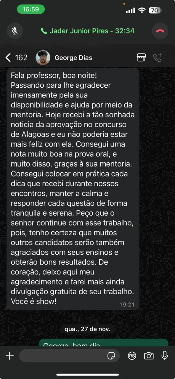 Mensagem de George Dias agradecendo a mentoria e contando da aprovação em concurso em Alagoas, com nota alta na prova oral