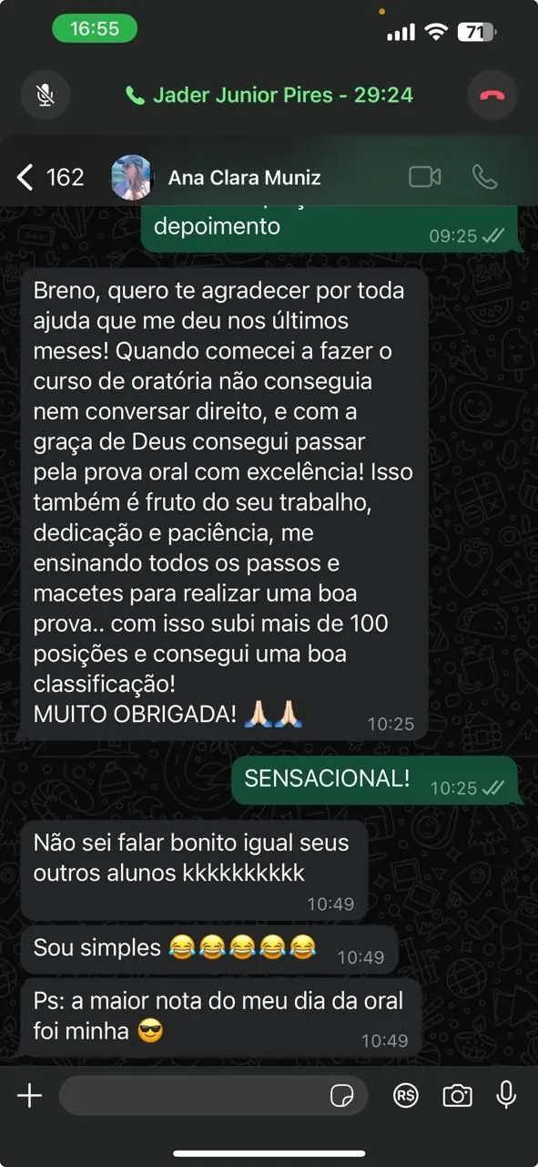 Mensagem de Ana Clara Muniz contando que passou na prova oral com excelência e subiu mais de 100 posições