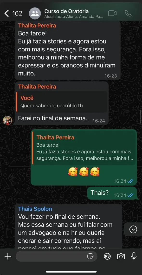 Mensagem de Thalita Pereira dizendo que ganhou segurança e que os brancos diminuíram