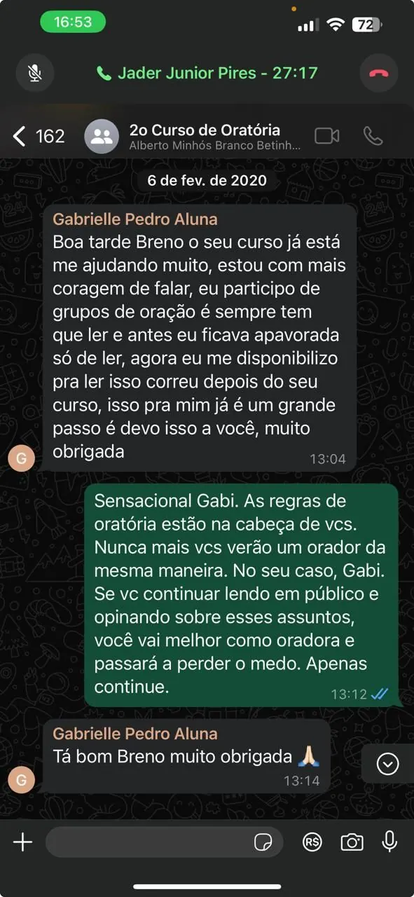 Mensagem de Gabrielle Pedro dizendo que está com mais coragem de falar