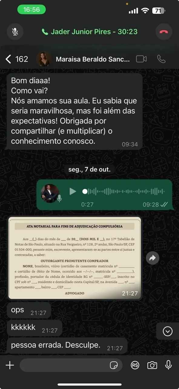 Mensagem de Maraisa Beraldo elogiando a aula do Breno
